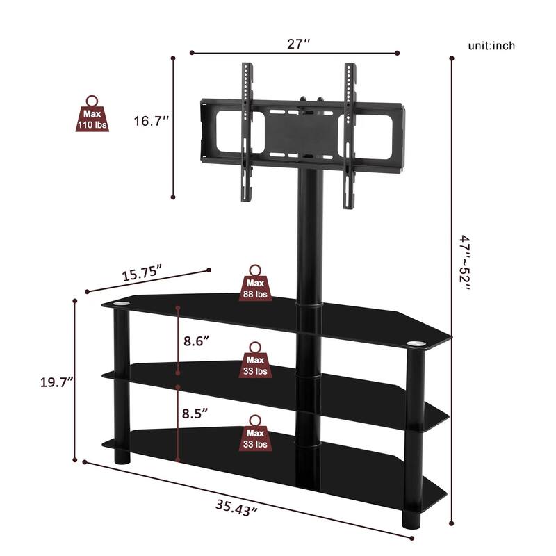 Glass TV Stand Height Adjustable for up to 35" TVs, Modern Multifunction Floor Stand with Swivel